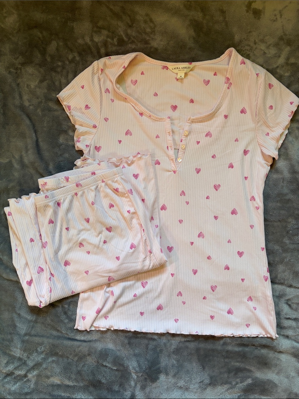 Laura Ashley Pink Heart Ribbed Pajama Set with Button Henley
